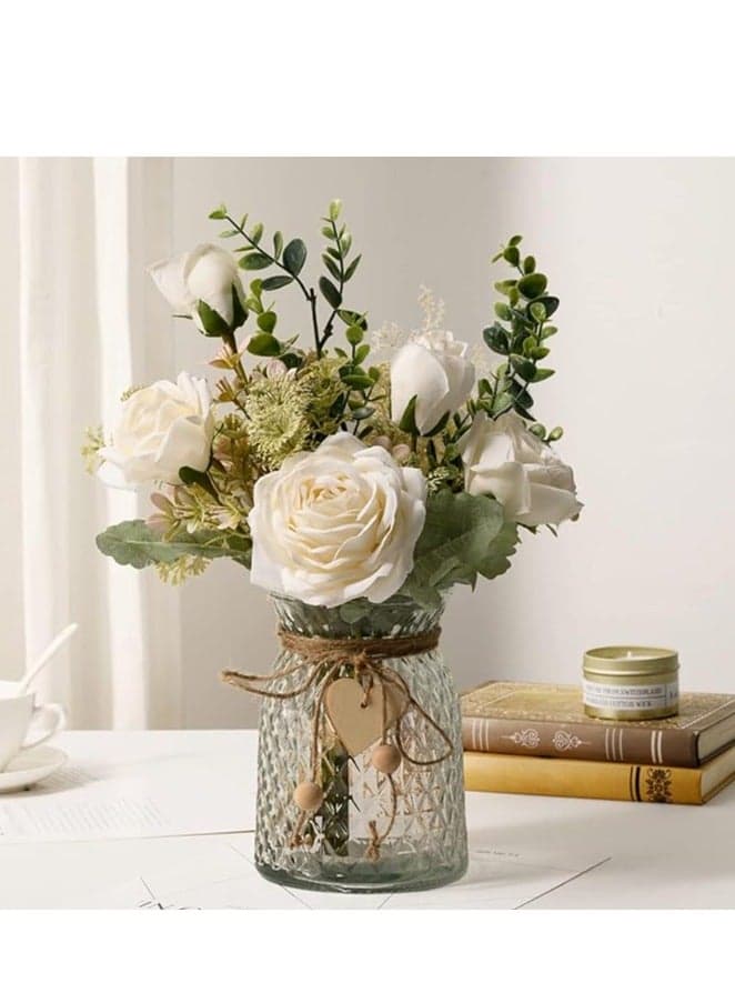Fake Flowers, Silk Roses Artificial Flowers, White Faux Flower Arrangement Suitable for Home Office Decoration, Dining Table Centerpiece(No vase)