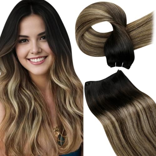 LaaVoo Human Hair Weft Extensions Straight Sew in Hair Extensions Real Human Hair Double Weft Sew in Human Hair Extensions Black Balayage Dark Brown Mix Caramel Blonde 18 Inch 100g