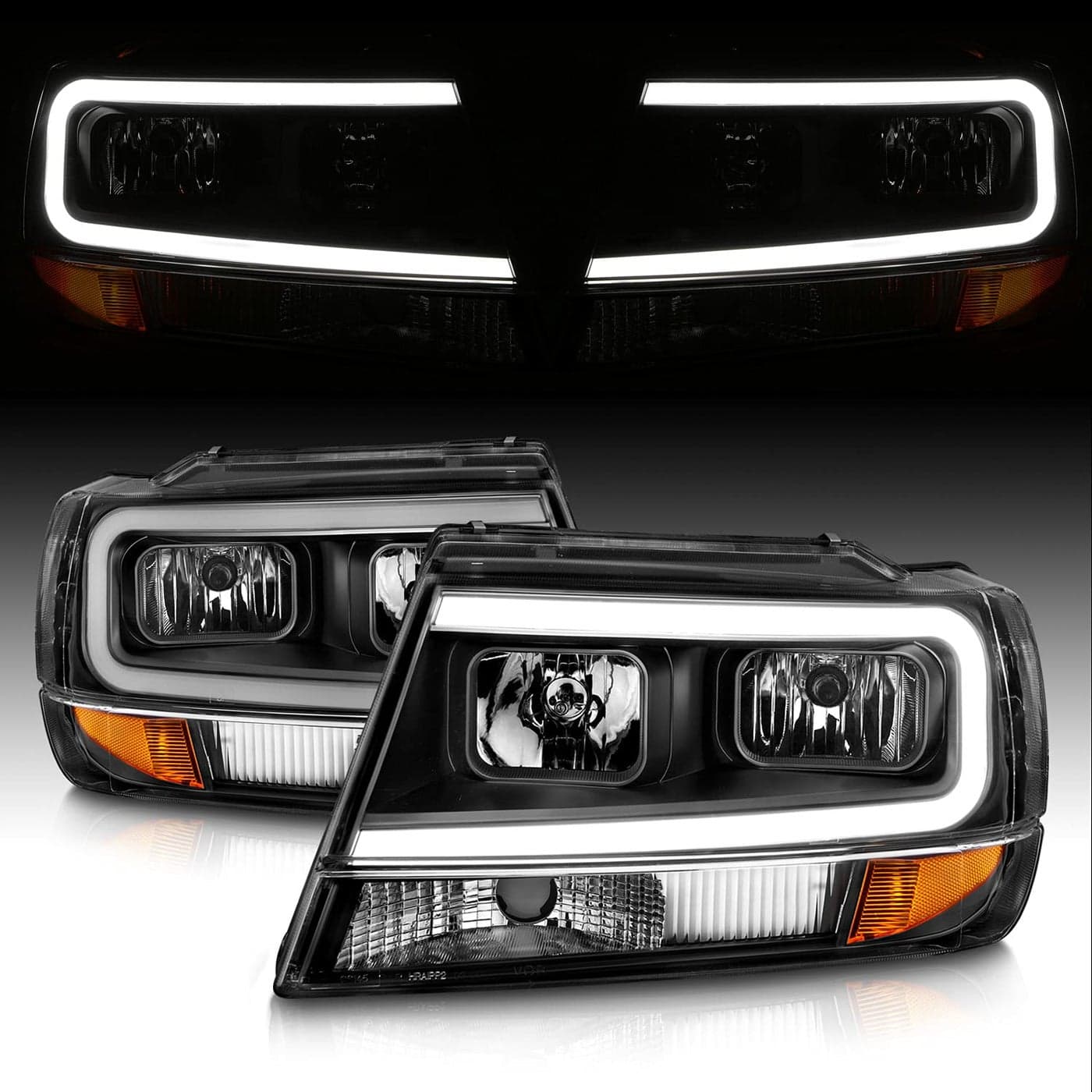 AmeriLite LED Light Bar Clear Black Replacement Headlights Set for 1999-2004 Jeep Grand Cherokee - Driver and Passenger Side