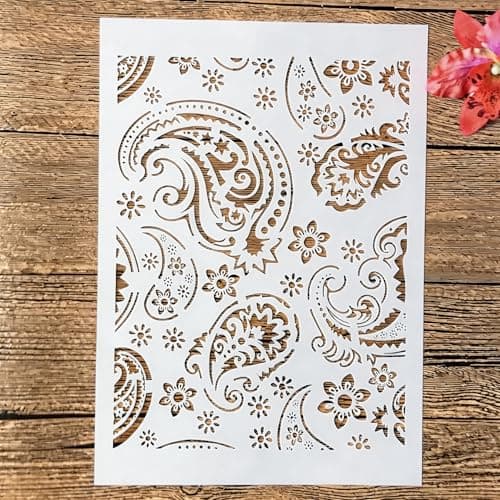 TIAMECH A4 Reusable Paisley Stencil for Painting Floral Texture Layering Template DIY Wall Art Wood Furniture Scrapbook Crafts 83x117inch