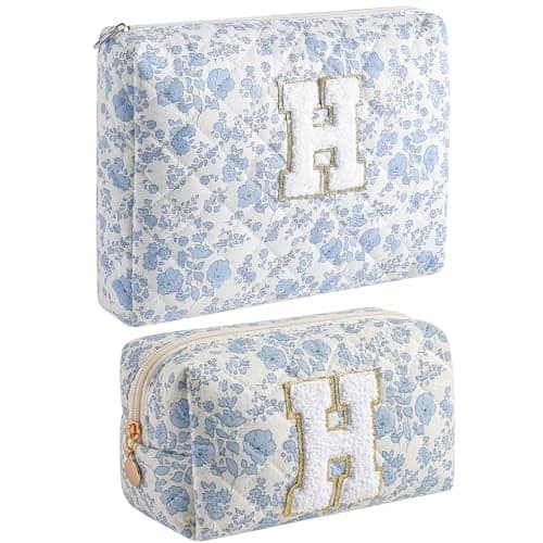 JOVAKIT Alphabet Makeup Bag Cosmetic Bag for Women Christmas Gifts for Girls Age 618 Floral Flowers Coquette Travel Toiletry Zipper Make Up Pouch Organizer Trendy Stuff 2Pcs Blue Floral H