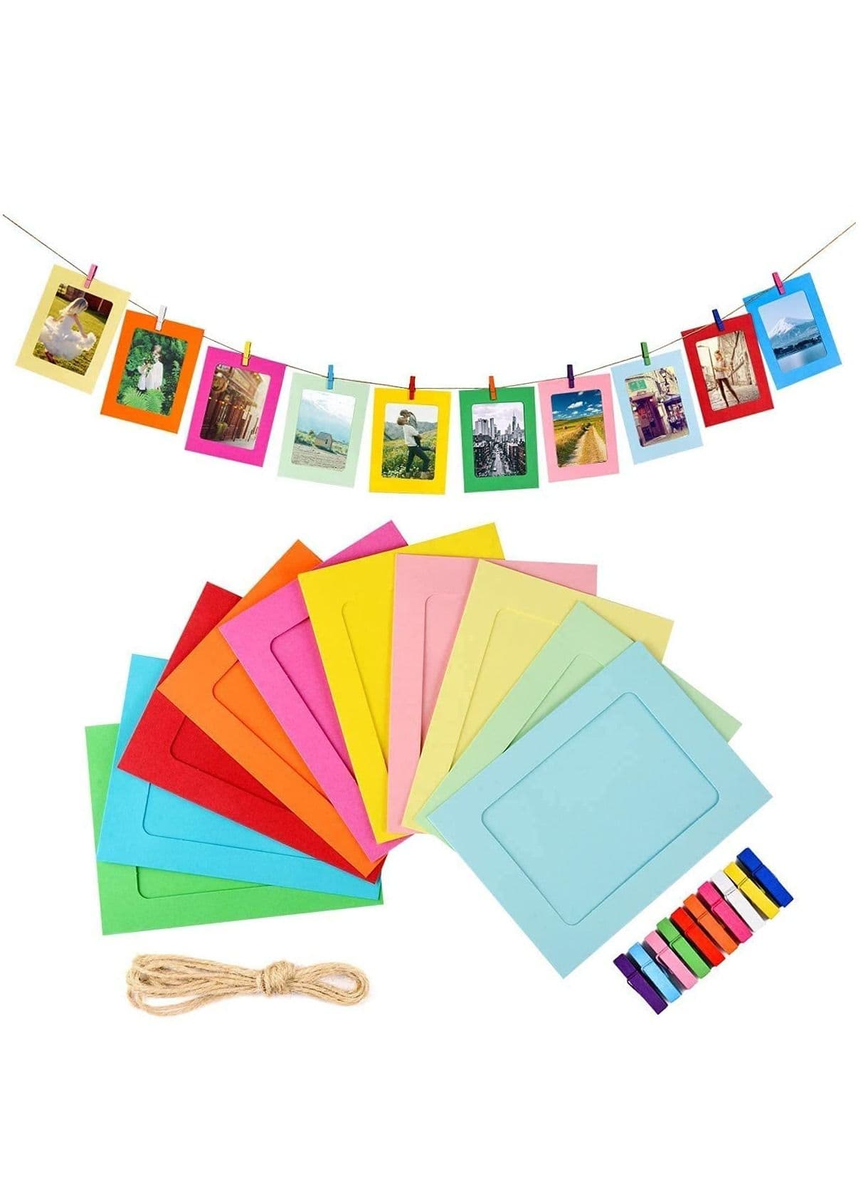 Paper Picture Frames 10PCS Colorful DIY Creative Retro Kraft Paper Polaroid Films Hanging Album Frame with Wood Clips and Jute Twine for Home School Office Wall Decoration (4x6 inch)