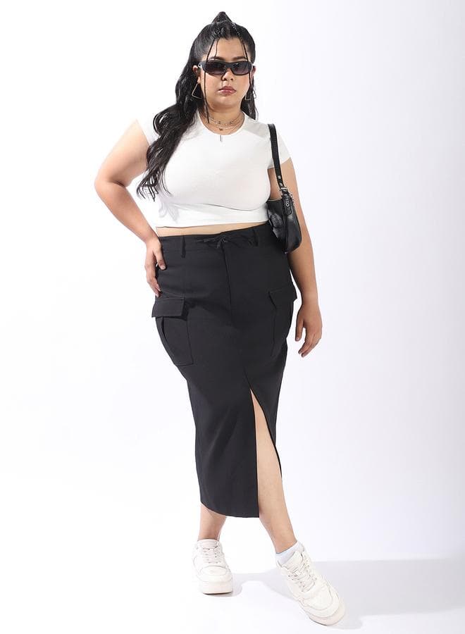 Women's Black 100% Polyester Solid Pattern Midi Plus Size A-Line Tailored Skirt