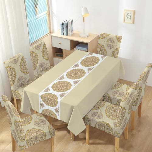 HOKIPO Polyester Chair Cover Set of 6 with Rectangular Table Cloth (AR-5187-D1), Brown