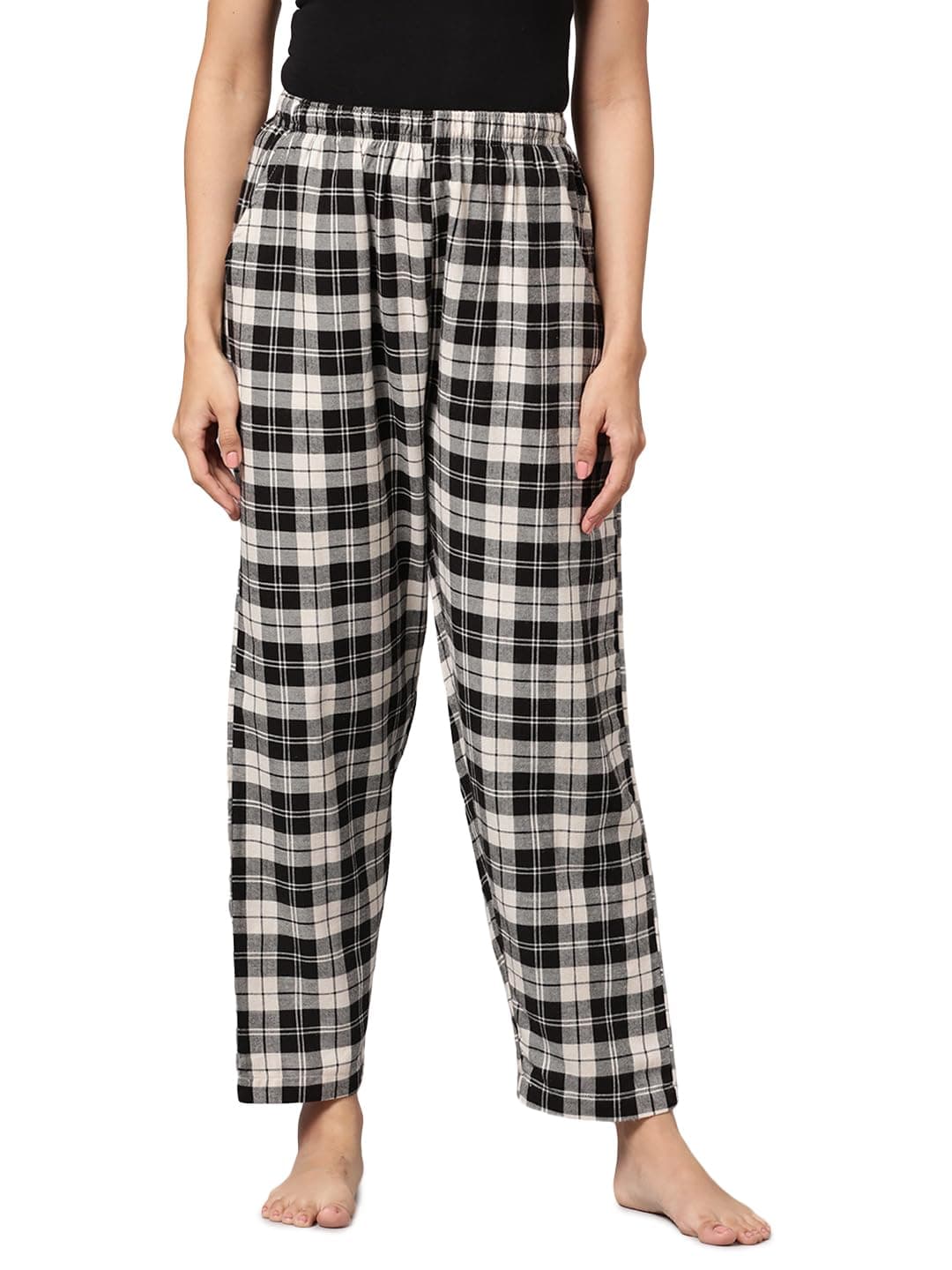 KRYPTIC Womens Cream 100% Cotton Woven Checked Regular fit Pyjama (Cream_1 ; M)
