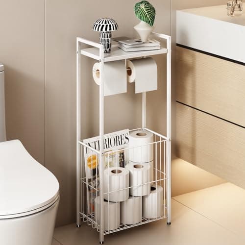 VOLDRA Toilet Paper Holder Stand with Storage Shelf, Free Standing Toilet Paper Roll Holder with Large Basket Heavy Duty Floor Double Tissue Dispenser for Bathroom Freestanding Tp Holder (Matte White)