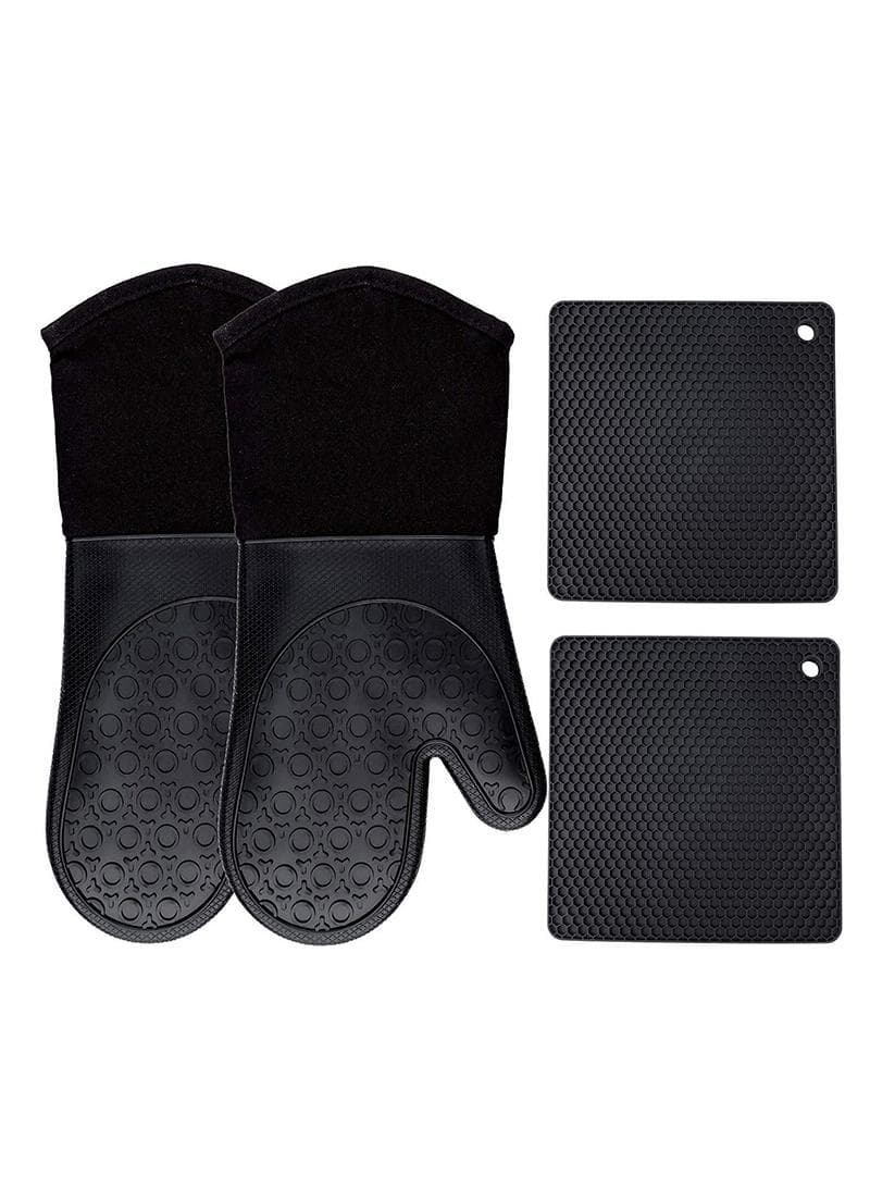 Silicone Oven Mitts and Pot Holders Set, Heat Resistant Mittens with Mini Gloves Hot Pads, for Kitchen Baking Cooking, Quilted Liner, Black,Pack of 4