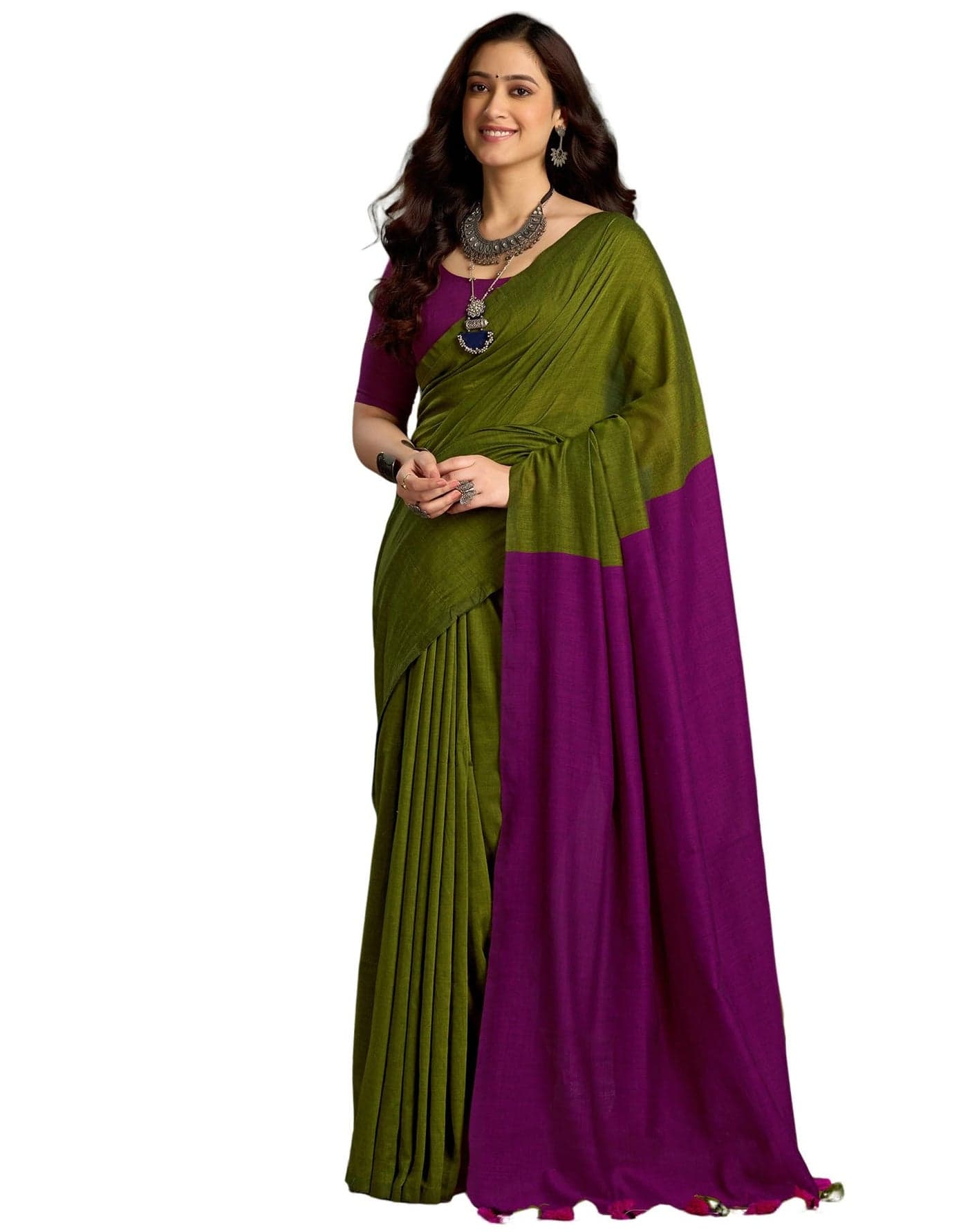 SIRIL Women's Cotton Linen Plain Saree With Unstitched Blouse Piece (4308S109_Green)