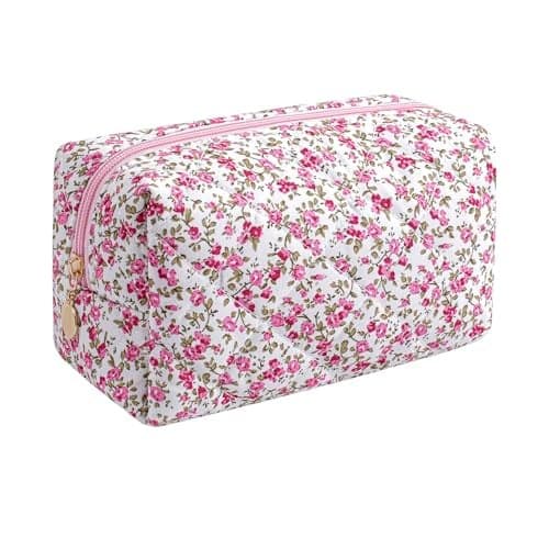 HHQQWZ Makeup Bag Travel Cosmetic Bag for Women Girls, Zipper Make Up Pouch, Floral Flowers Toiletry Organizer Makeup, Portable Storage Cosmetic Travel Cloth Bag (Red-Floral)