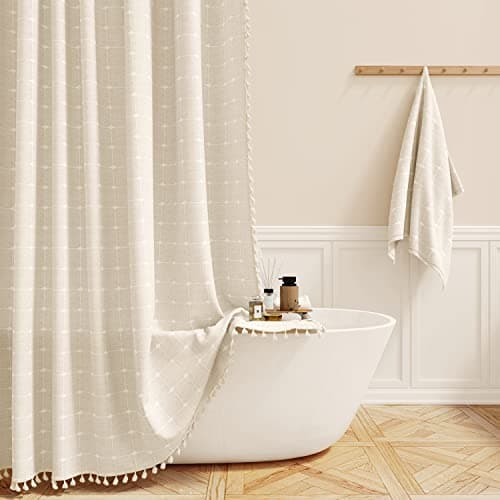 BTTN Extra Long Shower Curtain, 72x84 Inch Long Boho Tassel Linen Fabric Shower Curtain Set with Plastic Hooks, Tall Modern Farmhouse French Country Chic Cloth Shower Curtain for Bathroom, Cream/Beige