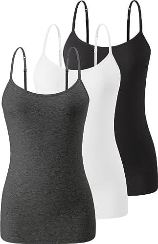 Air Curvey 3 Pack Camisole Tops for Women Built in Bra Adjustable Spaghetti Strap Soft Cotton Undershirt Tanks Seamless Layering Tops Black White Darkgrey M