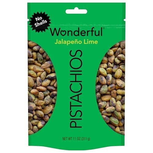 Wonderful Pistachios No Shells, Jalapeño Lime Flavored Nuts, 11 Ounce Resealable Bag, Spicy Nuts, Protein Snacks, Gluten Free Pantry Staples, Healthy Snacks