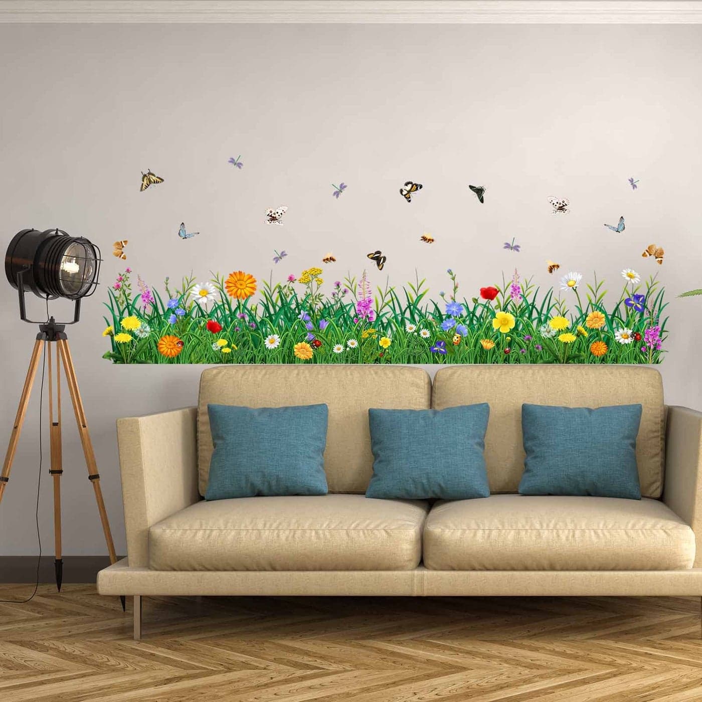 PinkEleph Green Grass Wall Corner Stickers Flowers Butterflies Baseboard Skirting Line Decals Bedroom Living Room TV Sofa Background Family Wall Decor W67 inches