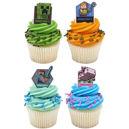 DecoPac Minecraft Lush Finds Rings, Cupcake Decorations Featuring Creeper, Alex, Steve and Axolotl! Multicolored 3D Food Safe Cake Toppers – 24 Pack