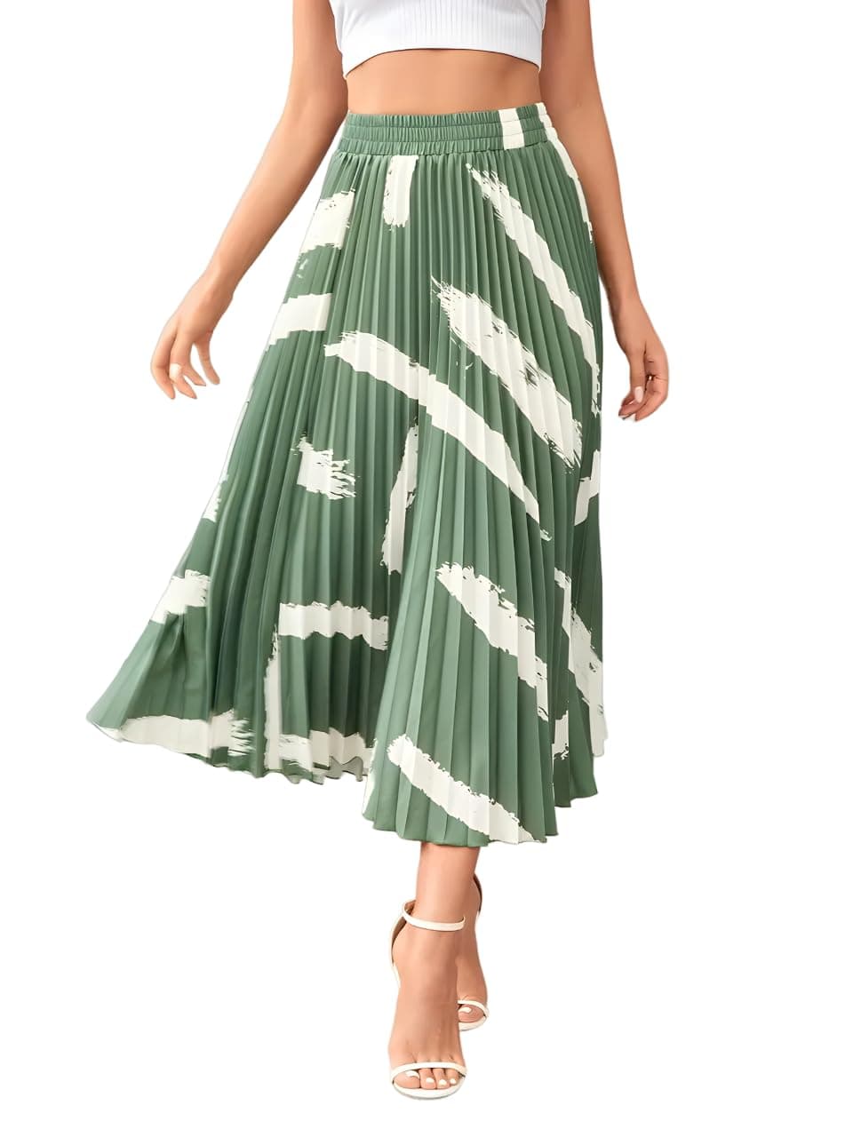 KZULLY Polyester | Brush Print Pleated Skirts, Vintage Elastic Waist Midi Skirts, Women's Clothing Pista, Small
