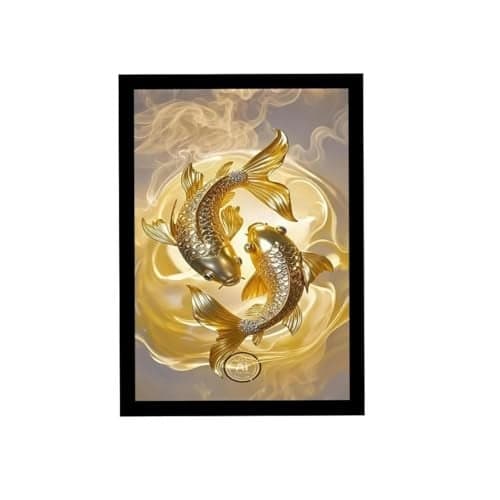 Lucky Vastu Fishes Fang Shui Two Golden Fishes Spiritually Powerful Symbol Two Gold Fish Painting Wall Art for Home Office Living Room Photo, A4 Size, 1 inch Black Frame (10 x 14 Inch)