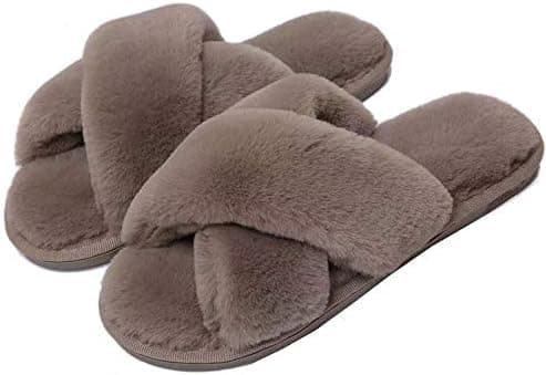 M MCIRCO by Slippers for Women House Bedroom Furry Cross Bands Slide Shoes Anti-Skid Sole Open Toe Slippers Indoor & Outdoor. (brown, UK Footwear Size System, Adult, Women, Numeric, Medium, 6)