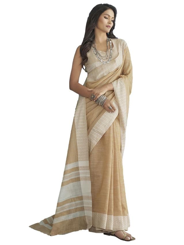 SIRIL Women's Self Woven, Jacquard Border Cotton Saree with Unstitched Blouse(3095S733_Light Orange, White)