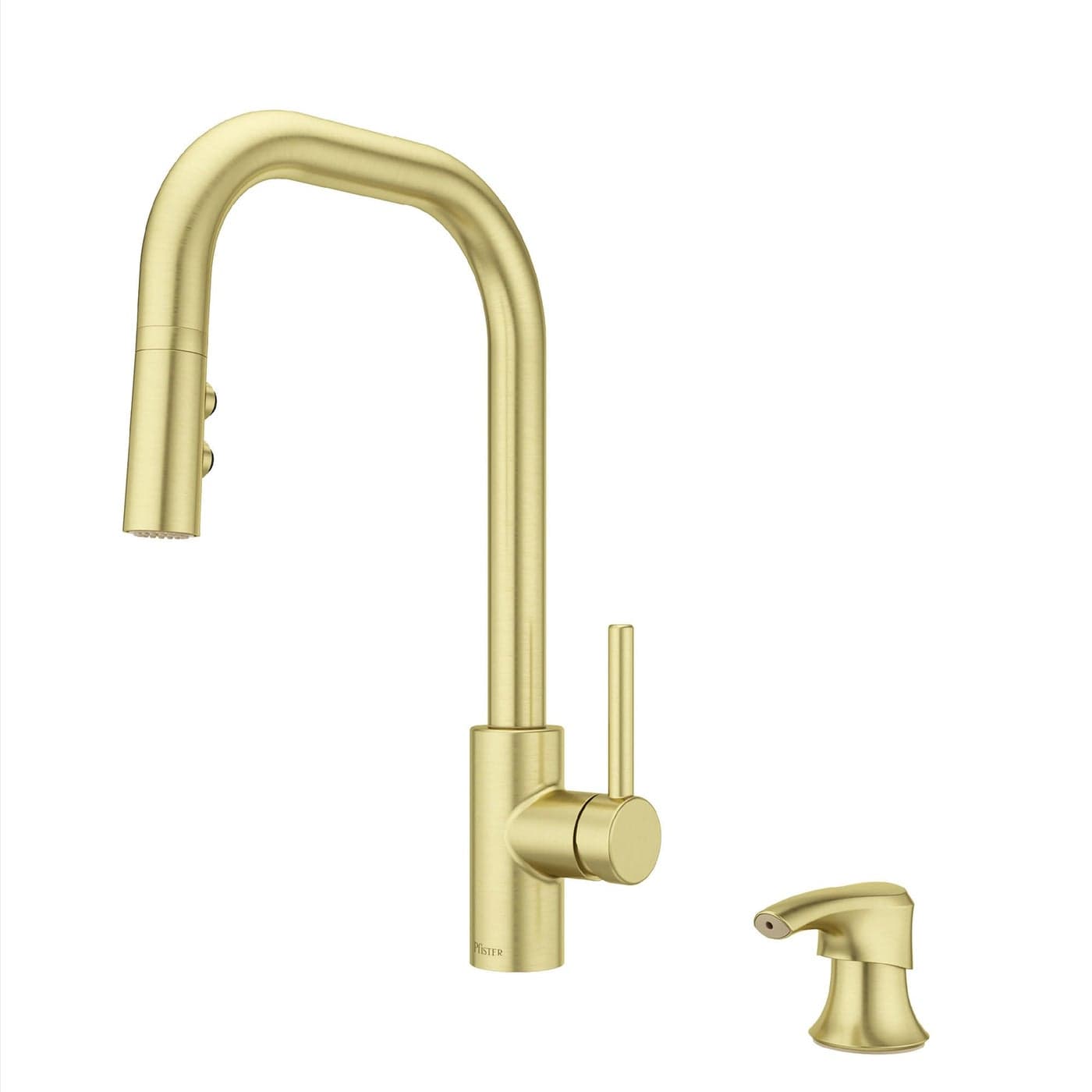Pfister Zanna Kitchen Faucet with Pull Down Sprayer and Soap Dispenser, Single Handle, High Arc, Brushed Gold Finish, F5297ZNRBG