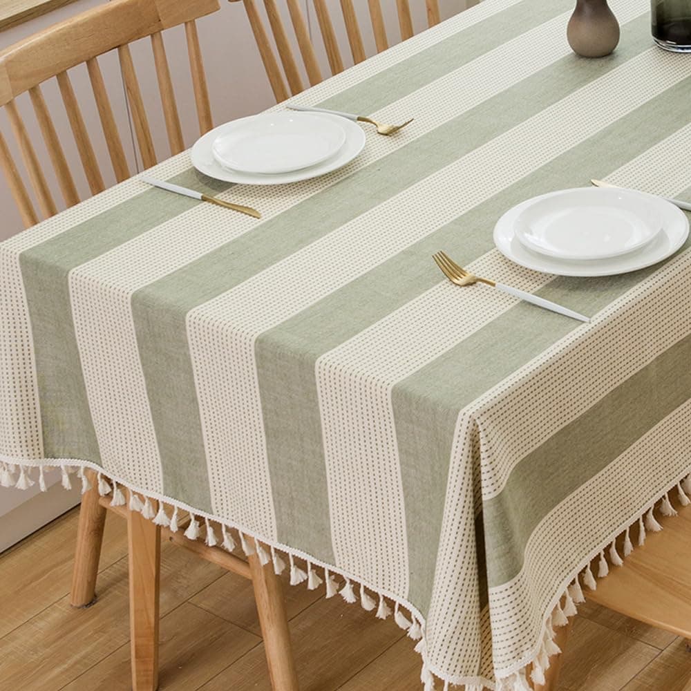 TruDelve Cotton Blend Tablecloth Green Striped Rectangle Tablecloths with Tassel Washable Cloth Table Cloth Rectangle Table Green70 x 55Rectangular