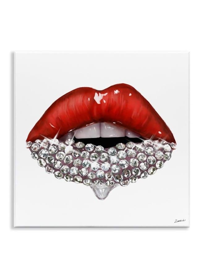 Red Glam Lips with Glistening Cosmetic Stones Wall Art, 12x12, White
