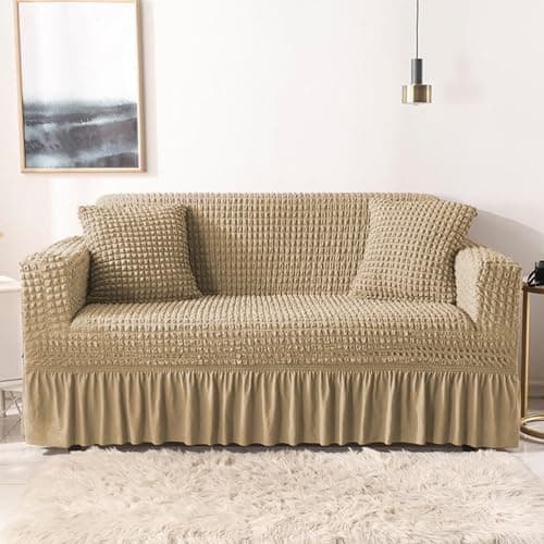 Lukzer 320 GSM Stretchable 3 Seater Turkish Sofa Cover Universal Couch Protector Bubble Fabric with Frill Universal Big Elasticity Slipcover (Sand Beige/SC-101-03/210-260cm)