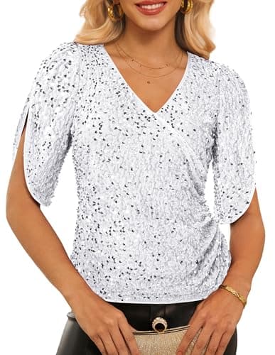 GRACE KARIN Womens 3/4 Length Sleeve Sequin Top V Neck Velvet Blouses 2026 Sparkly Fashion Party Shirt Silver S