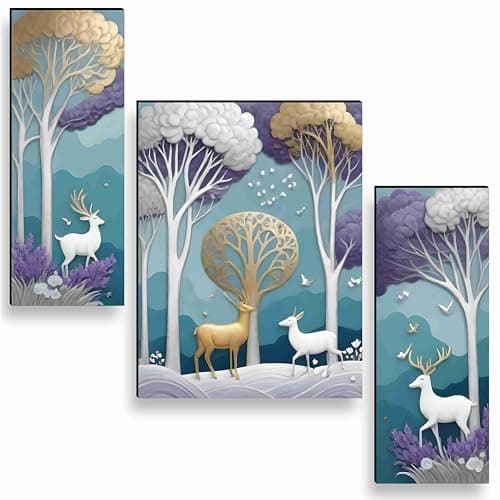 SAF deer Paintings for Wall Decoration - Set Of 3, 3d modern art Painting for Living Room Large Size with Frames for Home Decoration, Hotel, Office painting 50.8 cm x 30.48 cm A-JM-36052