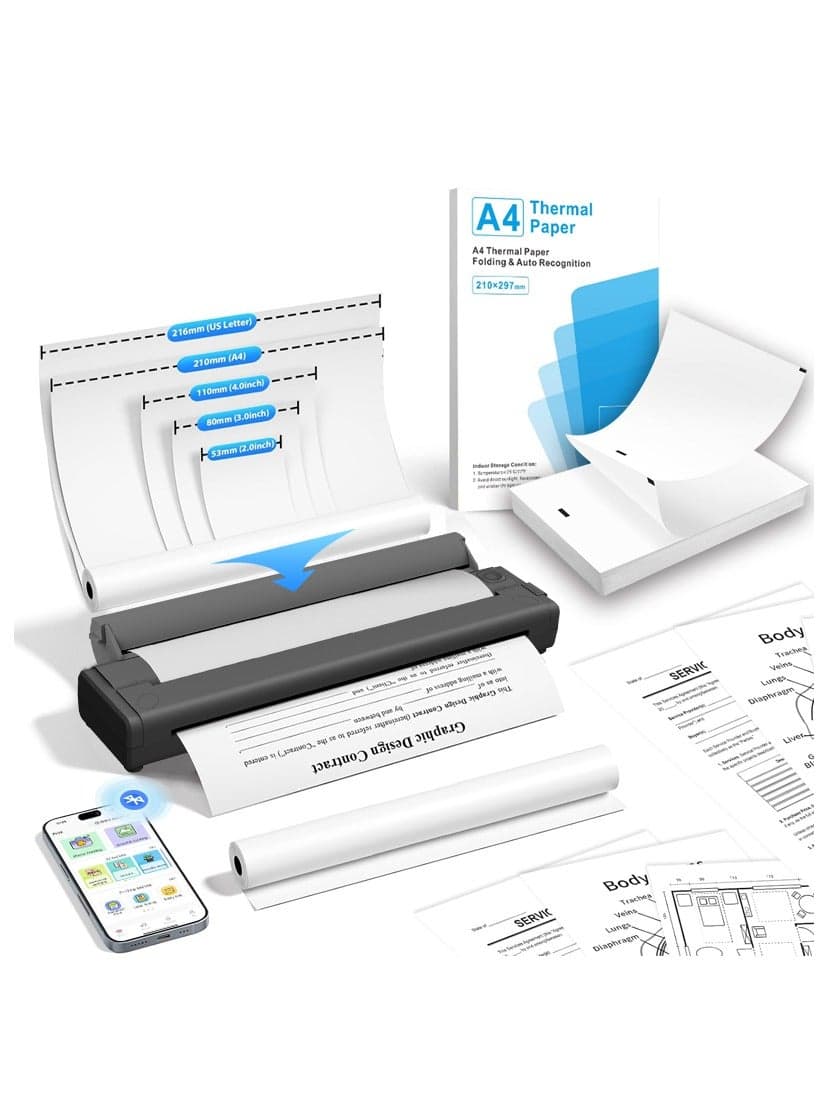 X9 Portable Thermal Printer, High-definition Printer that Supports A4 Thermal Paper, Thermal Paper Roll with Bracket, 200DPI Inkless Mobile Travel Printers for Car School Office, Mini Bluetooth Printer for Connecting Computers, iOS Phones and Android.