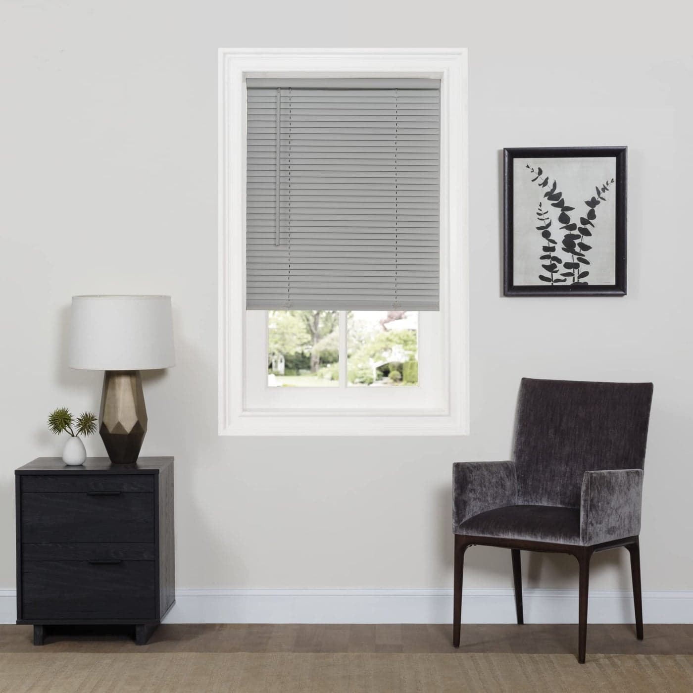 Cordless Room Darkening Mini Blind 29 Inch Width 64 Inch Length 1 Slat Size Gray Cordless GII Deluxe Sundown Horizontal Windows Blinds for Interior by Achim Home Decor