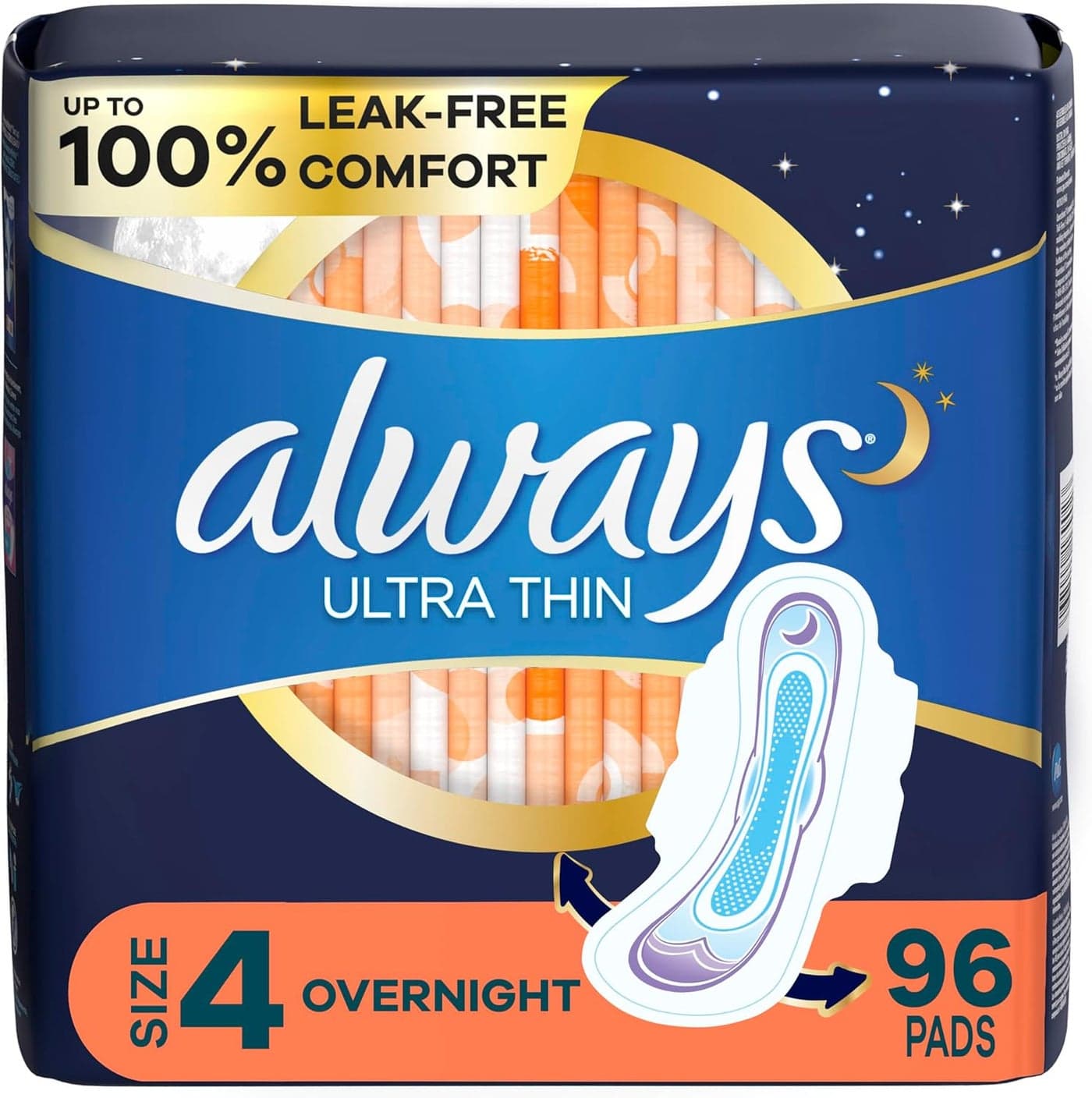 Always Ultra Thin Overnight Pads with Wings, Size 4, Overnight, 96 Count