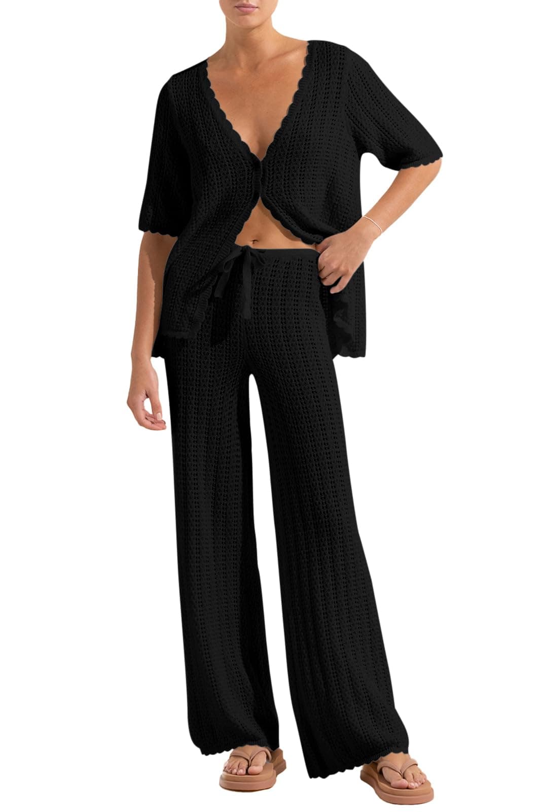 Imily Bela Women's Summer 2 Piece Swimsuit Cover up Crochet Knit Cardigan Tops Long Pants Set Bathing Suit Beach Outfit
