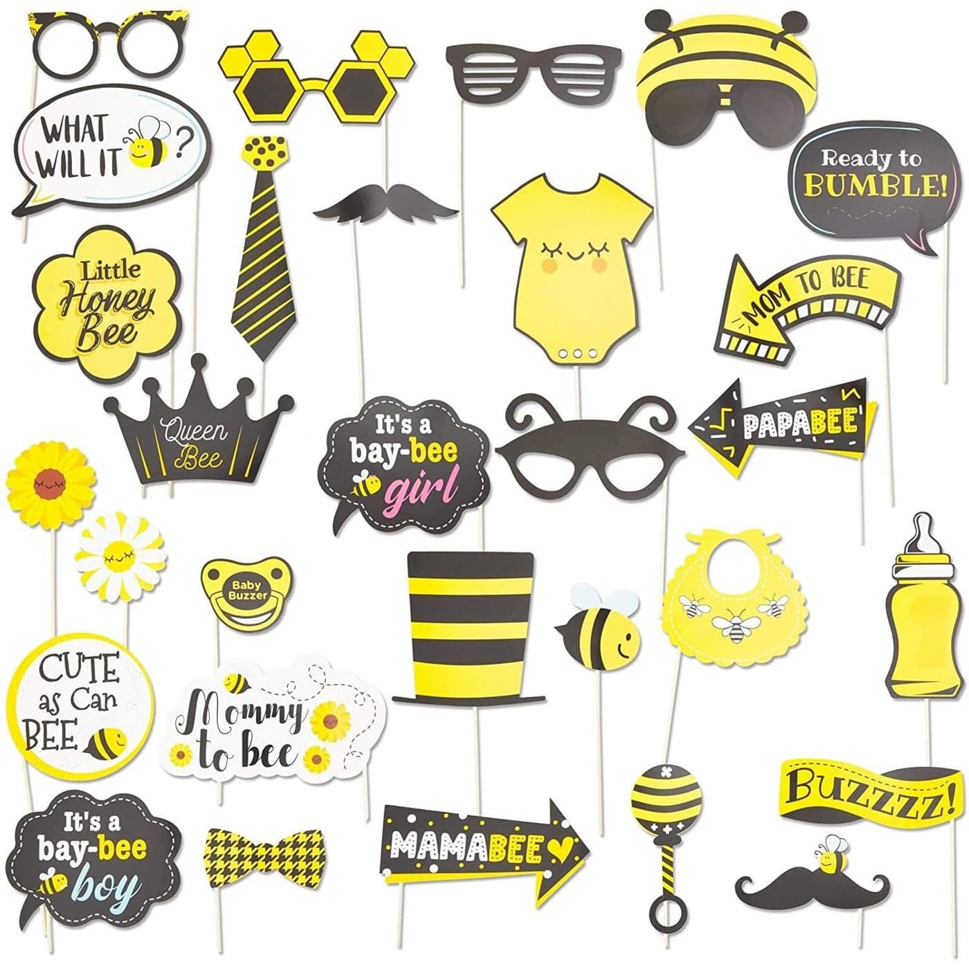 Sparkle and Bash Baby Photo Booth Props Bee Theme Kit 30 Piece Yellow White Cardstock Bee Party Photo Booth Accessories Decorations for Baby Shower Birthday Gender Reveal Snaps