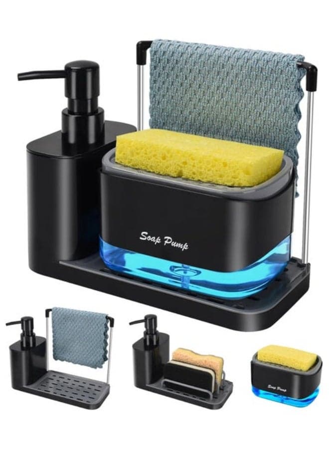Dual Hand and Dish Soap Dispenser Set with Tray, 5 in 1 Kitchen Sink Caddy, Sponge Holder and Dishcloth Storage Organizer for Countertop (Black)