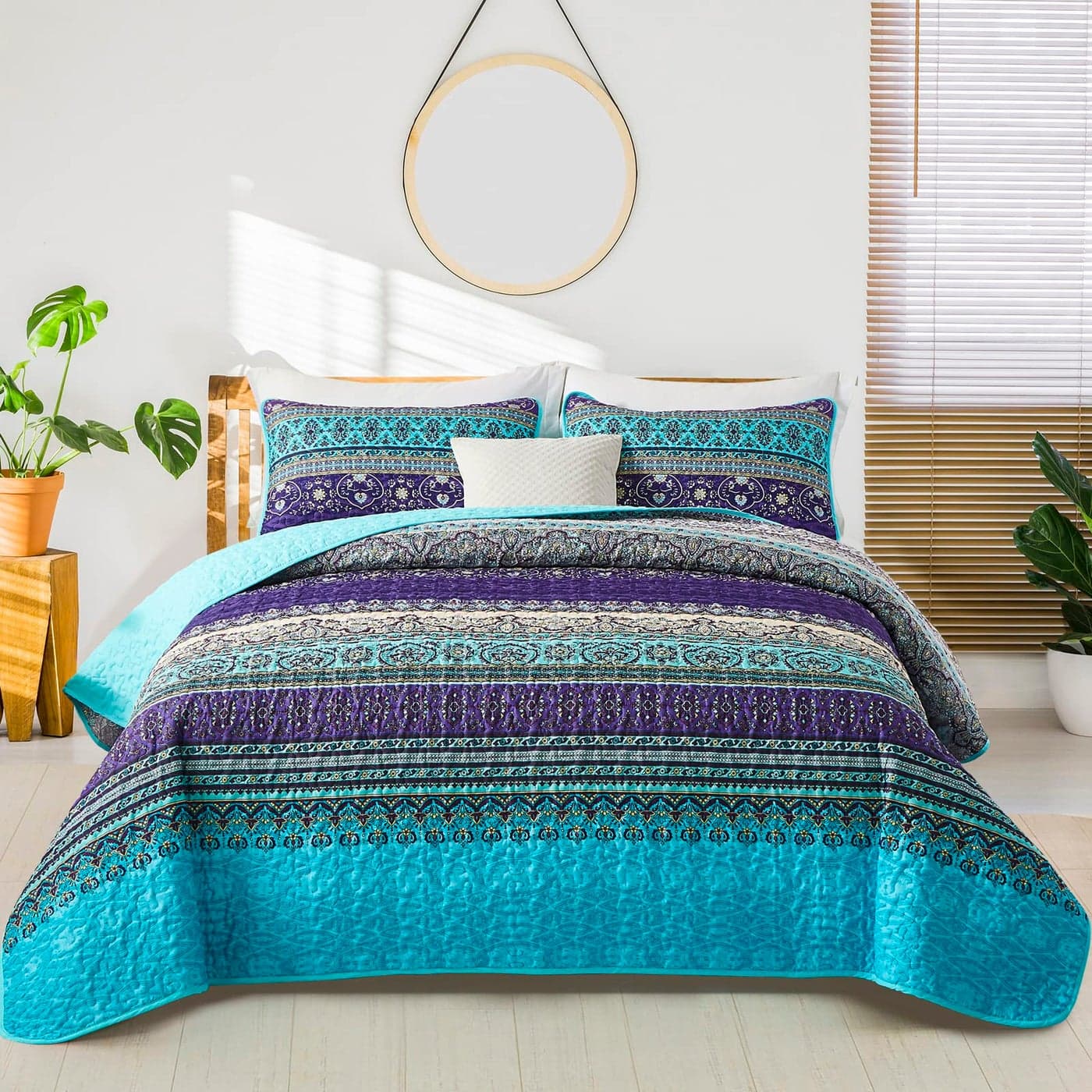 WONGS BEDDING Boho Quilt King Size Blue Purple Bohemian King Quilt Lightweight Microfiber Bed Decor Bedspread for All Season 103x903 Pieces