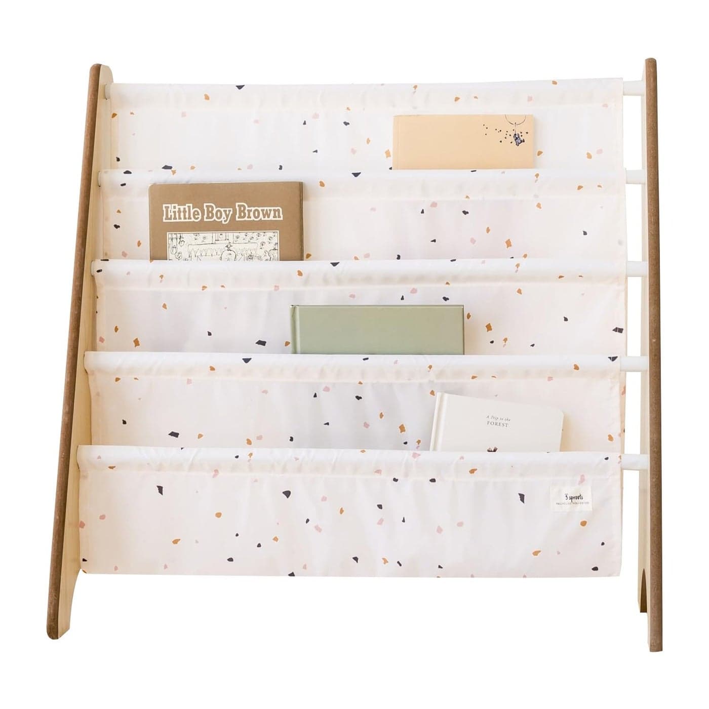 3 Sprouts Recycled Fabric Kids Bookshelf 4Tier Sling Book Rack Organizer Nursery Room Playroom Classroom Wooden Book Shelves Kid Bookcase Wood Storage Shelf for Toddler Age 3 Terrazzo Cream