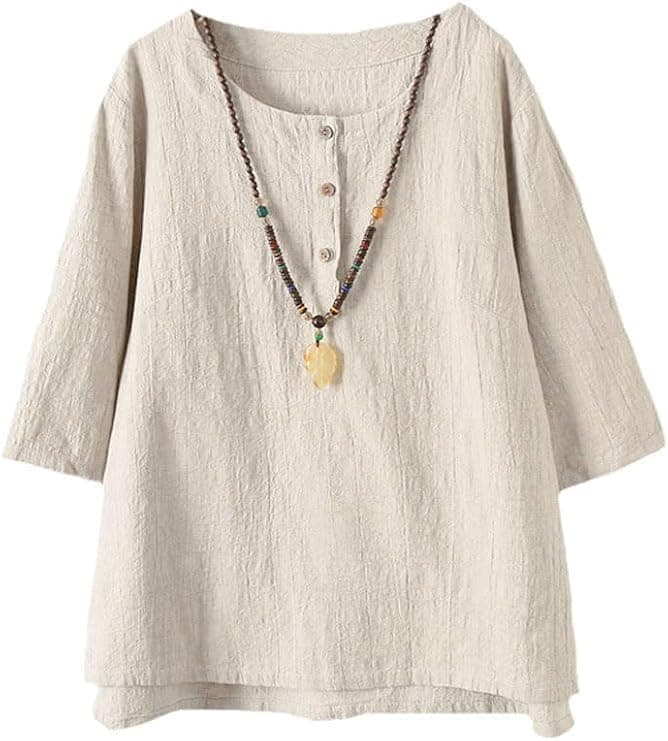 Minibee Women's 3/4 Sleeve Cotton Linen Jacquard Blouses Top T-Shirt (2XL, Apricot)