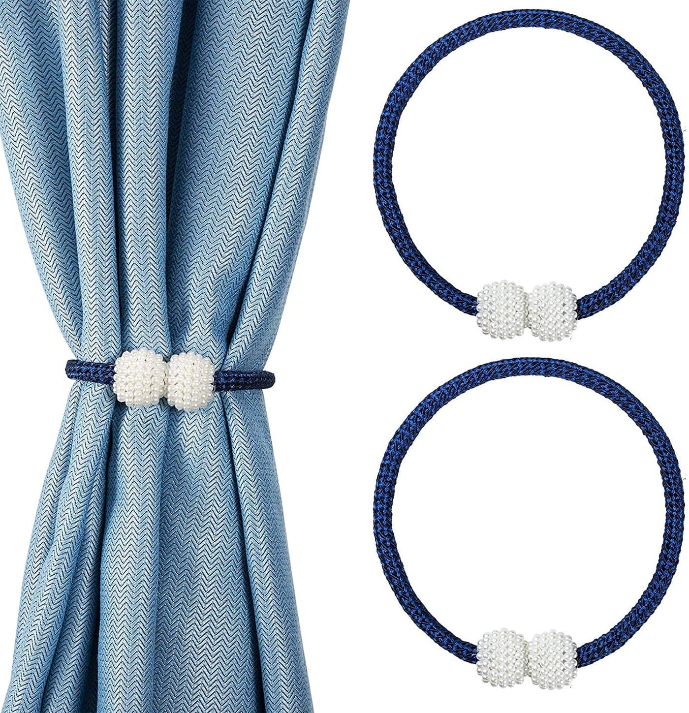 HomeCloud Magnetic Curtain Tiebacks Convenient Drape Tie Backs - Pearl Decorative Rope Holdback Holder for Window Drapries Color Navy (1pair 2 pcs)