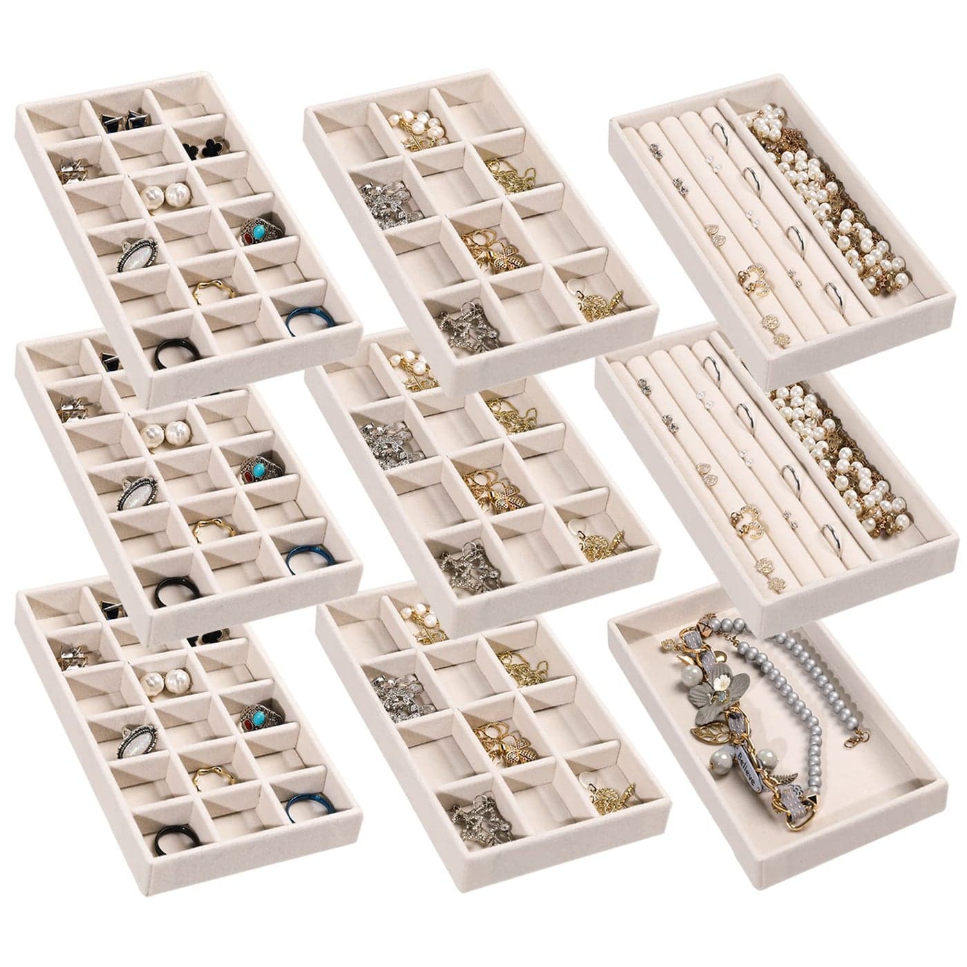 Frebeauty Jewelry Organizer TrayStackable Velvet Jewelry TraysDrawer Inserts Earring Organizer For Women Jewelry Storage Display Case for Rings Stud NecklacesSet of 9Beige