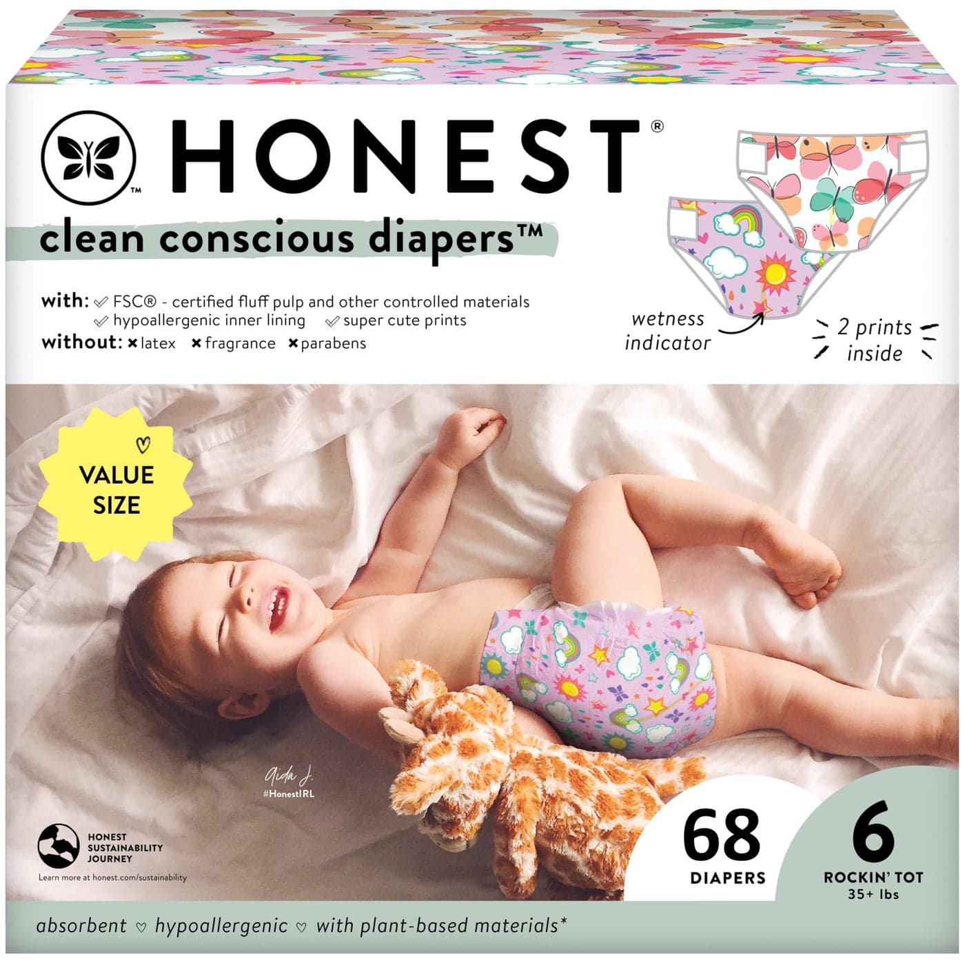 The Honest Company Clean Conscious Diapers for Sensitive Skin Hypoallergenic Fragrance Free Girl Prints Super Club Box Size 6 35 lbs 68 Count Prints May Temporarily Vary