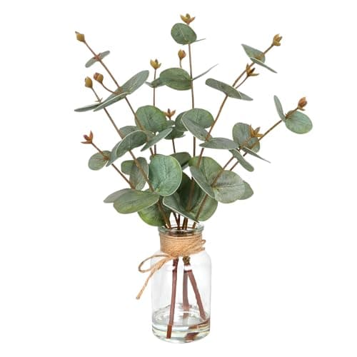Velener Faux Eucalyptus Stems in Vase with Faux Water Fake Plants Artificial Eucalyptus Plant for Home Decor Kitchen Bathroom Farmhouse Living Room Coffee Table Centerpieces for Tables Green1 Pack