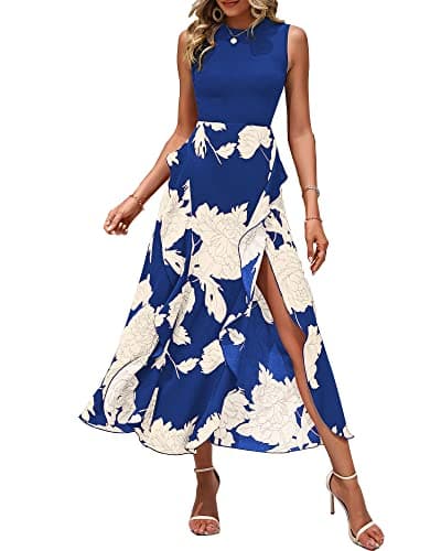 BTFBM Women Casual Sleeveless Summer Dresses 2025 Spring Crewneck Patchwork Boho Floral Ruffle Cocktail Party Midi Dress(White Floral Bright Blue, Small)