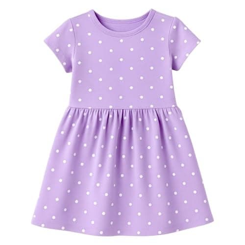 HuggleBug Girls’ Cotton Printed Dress for Kids – Soft & Breathable Casual Wear Frock for Girls – Stylish Fit &Flare Summer Outfit Lavender