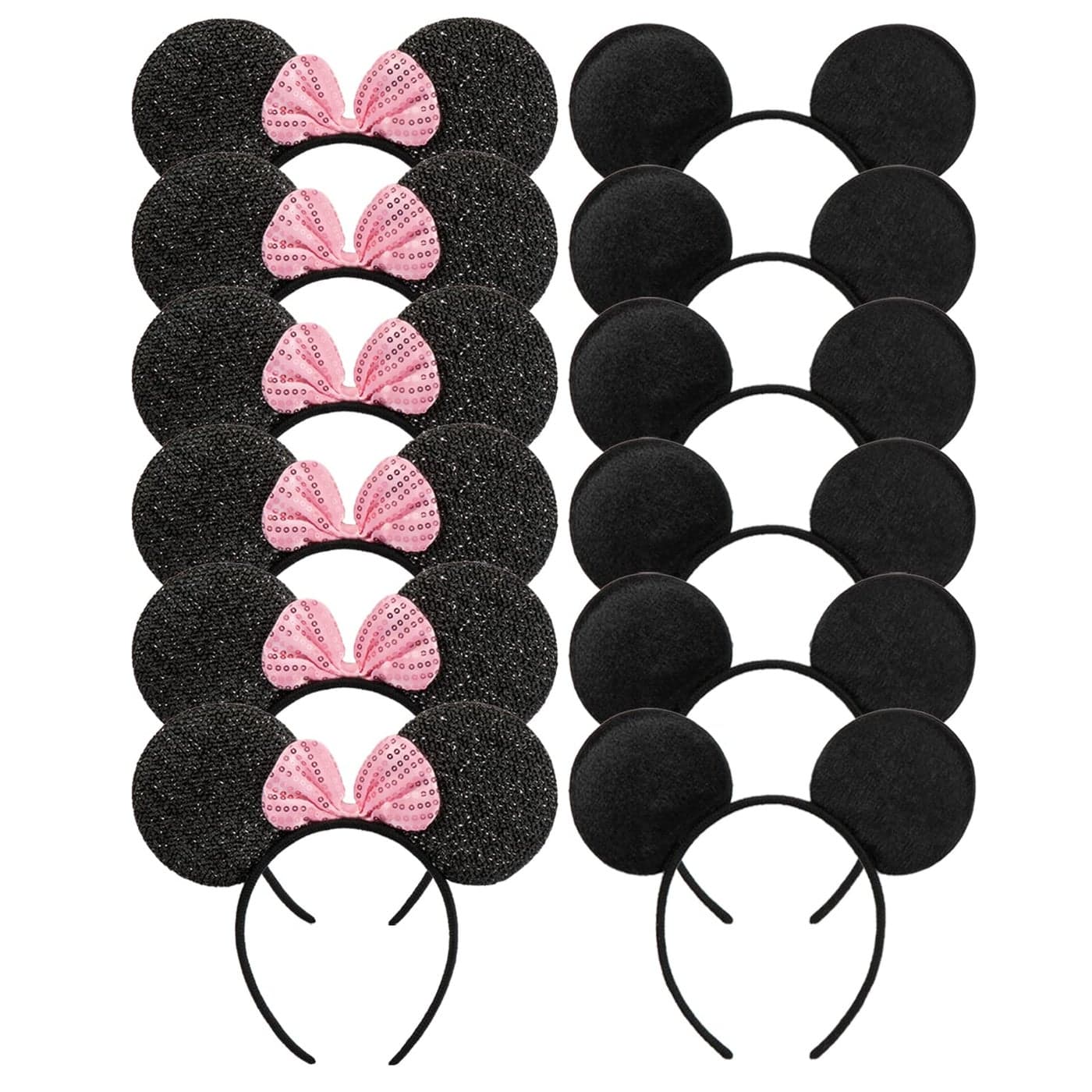 CHuangQi Mouse Ears Solid Black and Pink Sequins Bow Set of 12