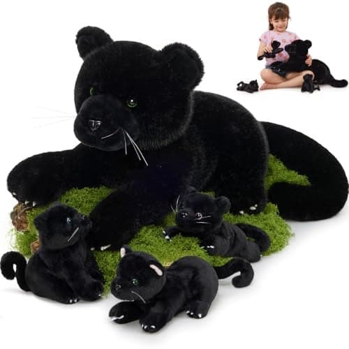 MorisMos Black Plush Panther Stuffed Animal with Babies18 Big Mama and Baby Stuffed Panther Toys for Kids Girls Boys 4 Packs Black Jaguar Animals Cute Leopard Toys for Kids
