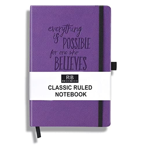 RICCO BELLO Lined Journal Notebook with Pen Holder, Faux Leather Hardcover, College Ruled, for Work, Notes | 96 Sheets /192 Lined Pages, 5.7 x 8.4-Inches (Purple Inspiration)