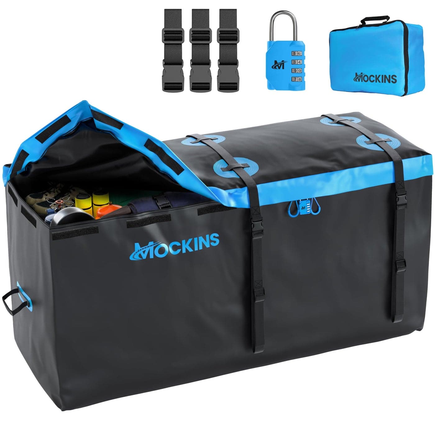 Mockins 25 CuFt Large Trailer Hitch Cargo Carrier Bag 60x24x31 All Weather Cargo Bag for Hitch Carrier Waterproof Luggage Bag for Truck Bed Storage Vehicle Soft Shell Carriers wAccessories