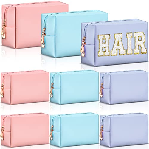 Sanwuta 9 Pcs Makeup Bags Bulk PU Double Zippers Cosmetic Bag Makeup Toiletry Christmas Small Pouch Portable Travel Organizers Case for Women Bridesmaid Party End of The Year(Pink, Blue, Purple)