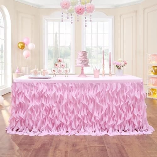 Leegleri 14ft Pink Tutu Table Skirt Tulle Curly Willow Table Skirt for RectangleRound TableTutu Ruffle Tablecloth for Princess Girls 1st Baby Girl Birthday PartyBaby Shower DecorationGender Reveal