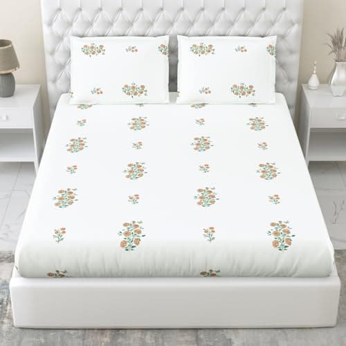 haus & kinder Bedsheets for King Size Bed |100% Combed Cotton 186 TC Fitted Bedsheet King Size | 72 X 78 X 10 Inches Elastic Bed Sheet with 2 Pillow Covers – Petals of Tradition
